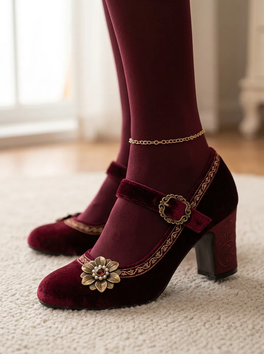 Floral Velvet Buckle Women's Bavarian Occasion Heels
