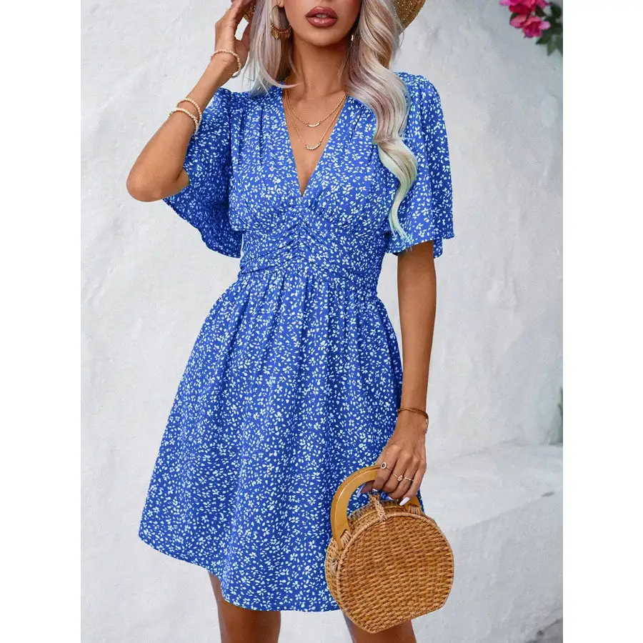 Printed V-neck Half Sleeve Mini Dress