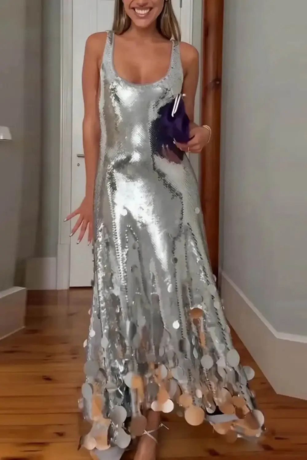 Tips Sequin Irregular Round Maxi Gown