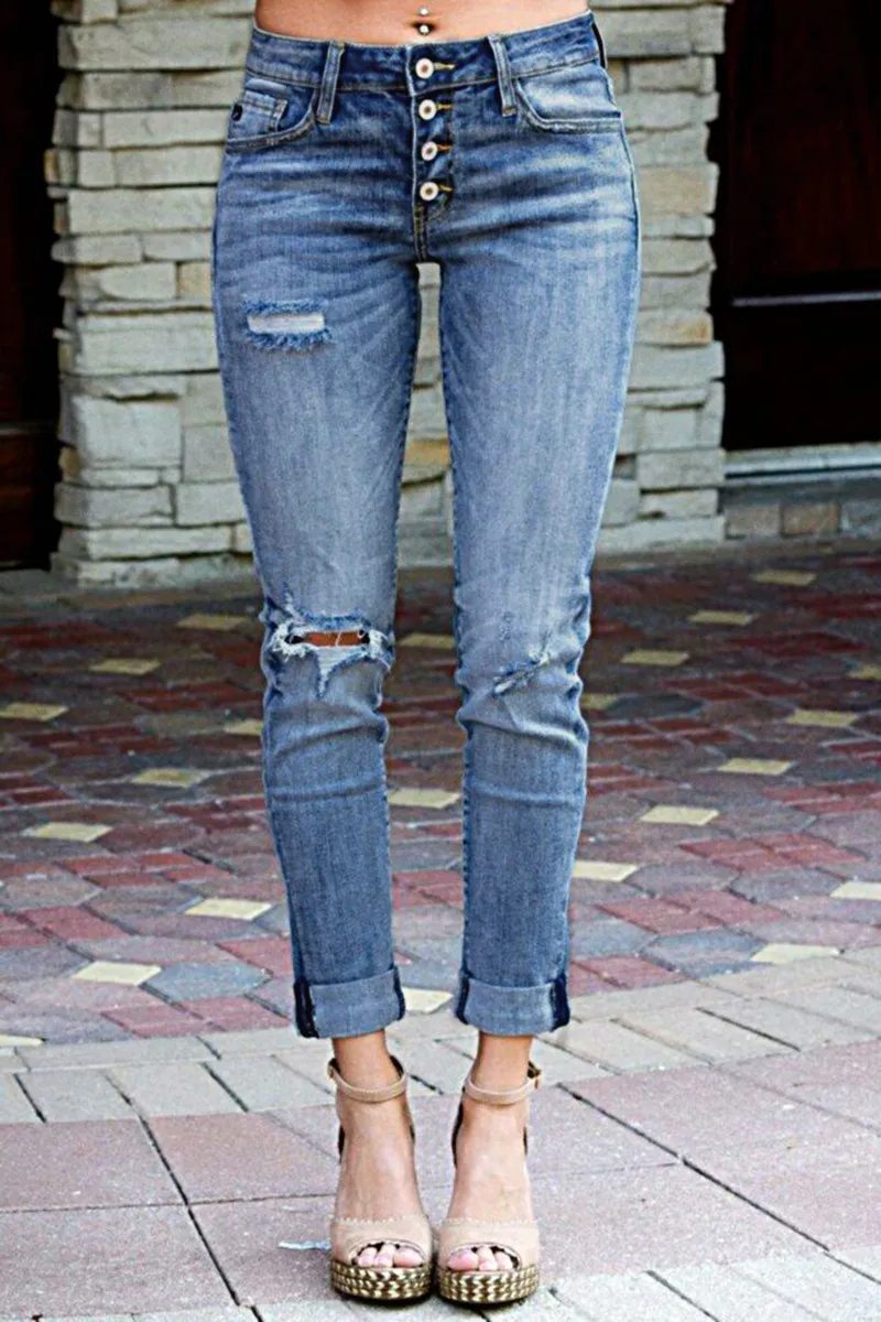 Ripped Button Fly Mid Waist Skinny Jeans