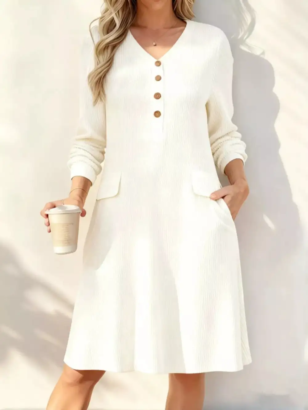 Ribbed Knit V-Neck Dress
