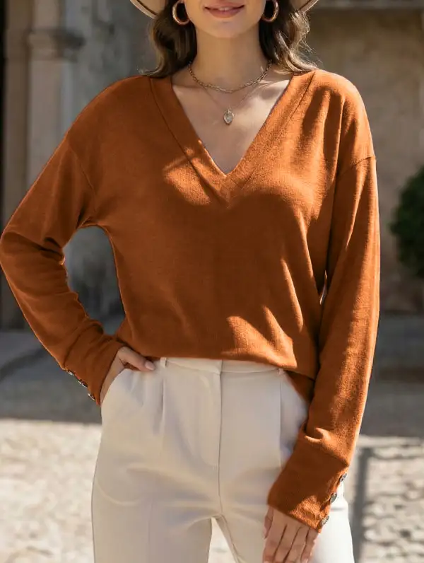 V Neck Button Loose Long Sleeve Tee