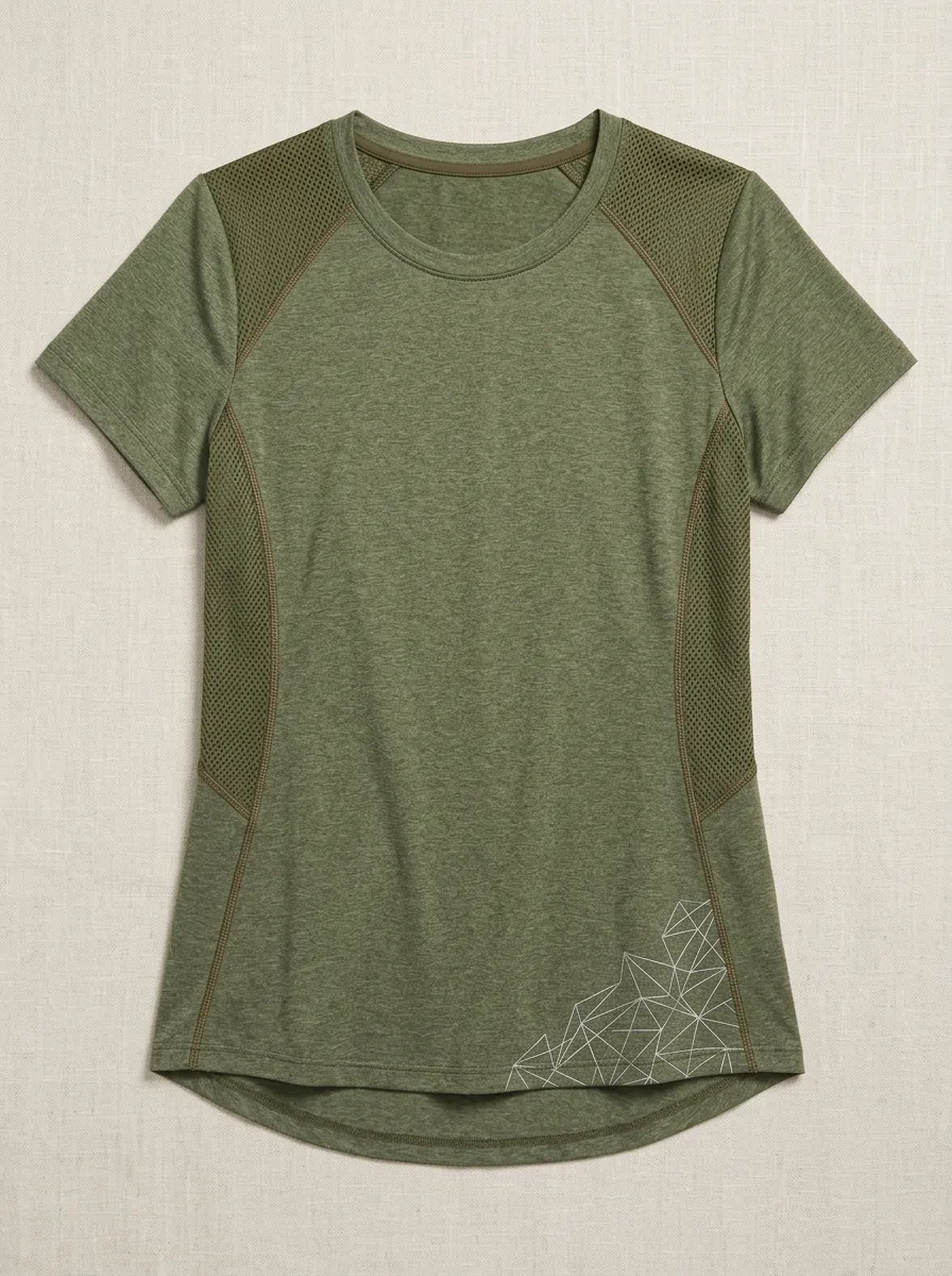 Women's Athletic Geometric Pattern Printed Mesh Panel T-shirt