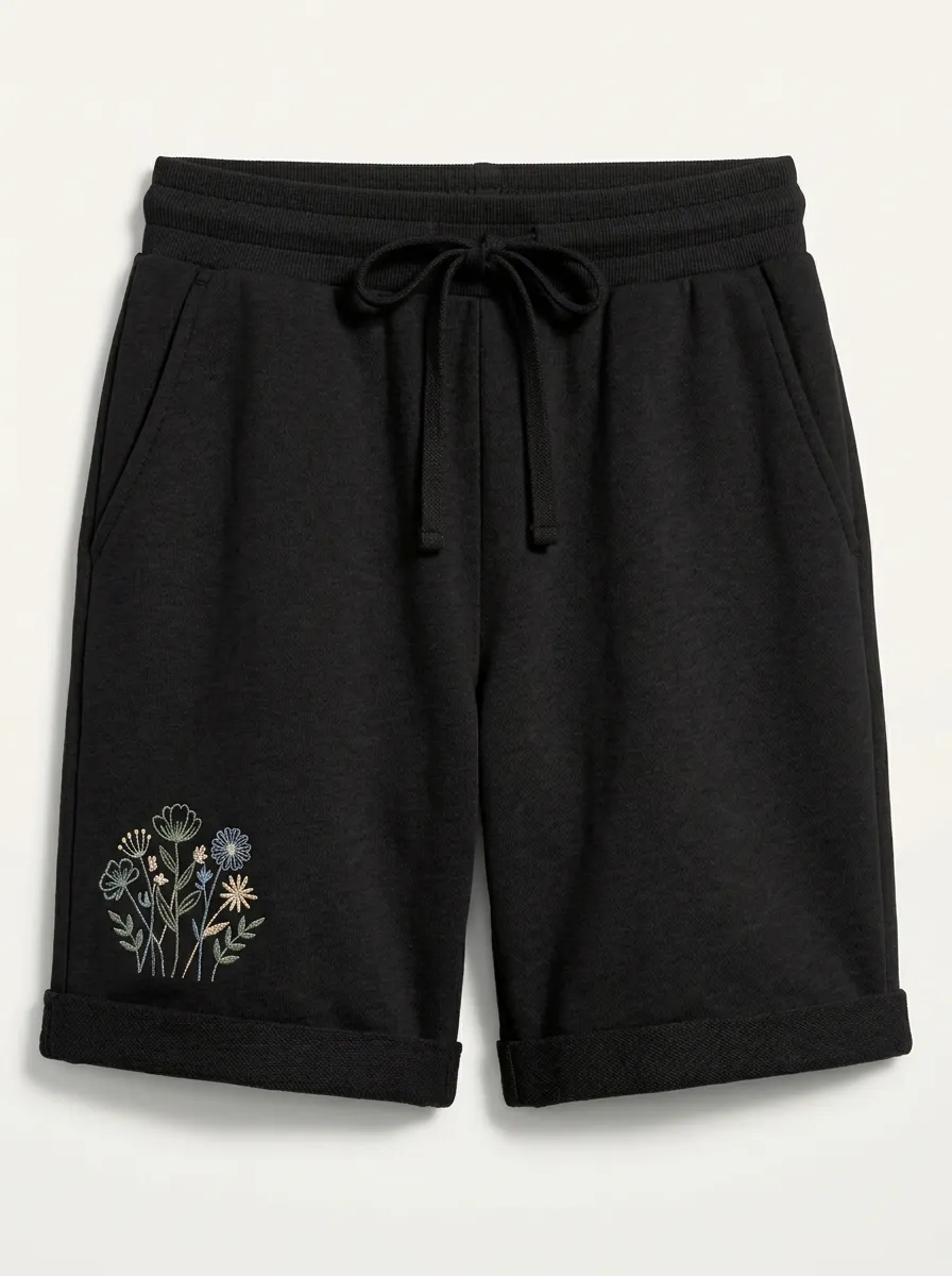 Women's Cuffed-Hem Floral-Embroidered Sweat Shorts