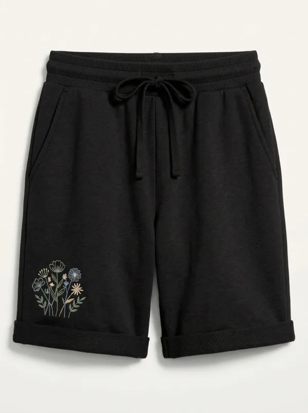 Women's Cuffed-Hem Floral-Embroidered Sweat Shorts
