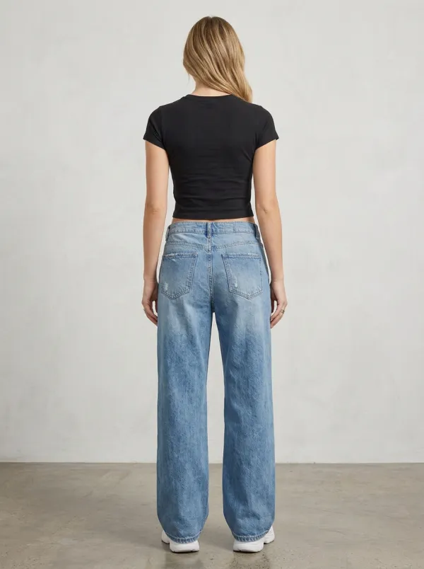 Women's Distressed Wide Leg Denim Printed Jeans
