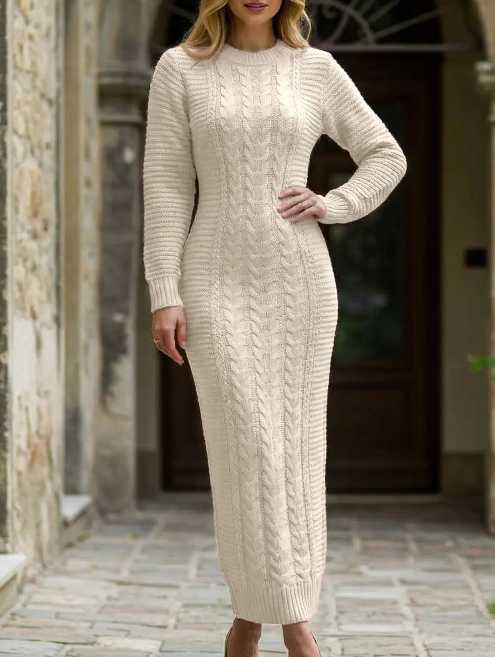 Cable Knit Long-Sleeved Wool Dress