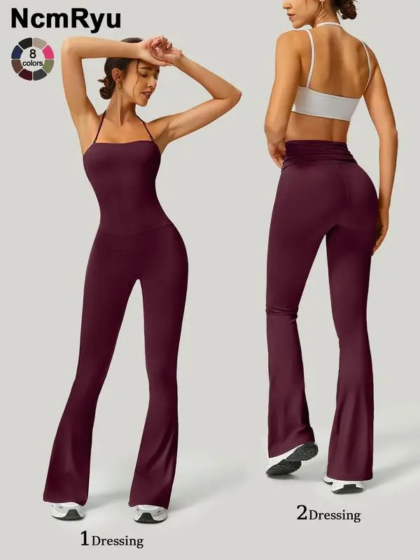 Women's Strapless Flared Yoga Jumpsuit – Fitness, Quick-Dry, Peach Hip Bodysuit