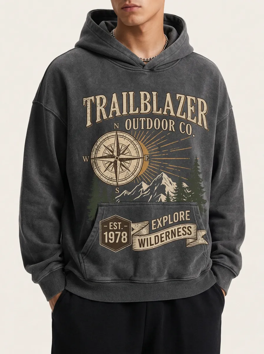 Men's Outdoor Adventure Compass Mountain Printed Hoodie