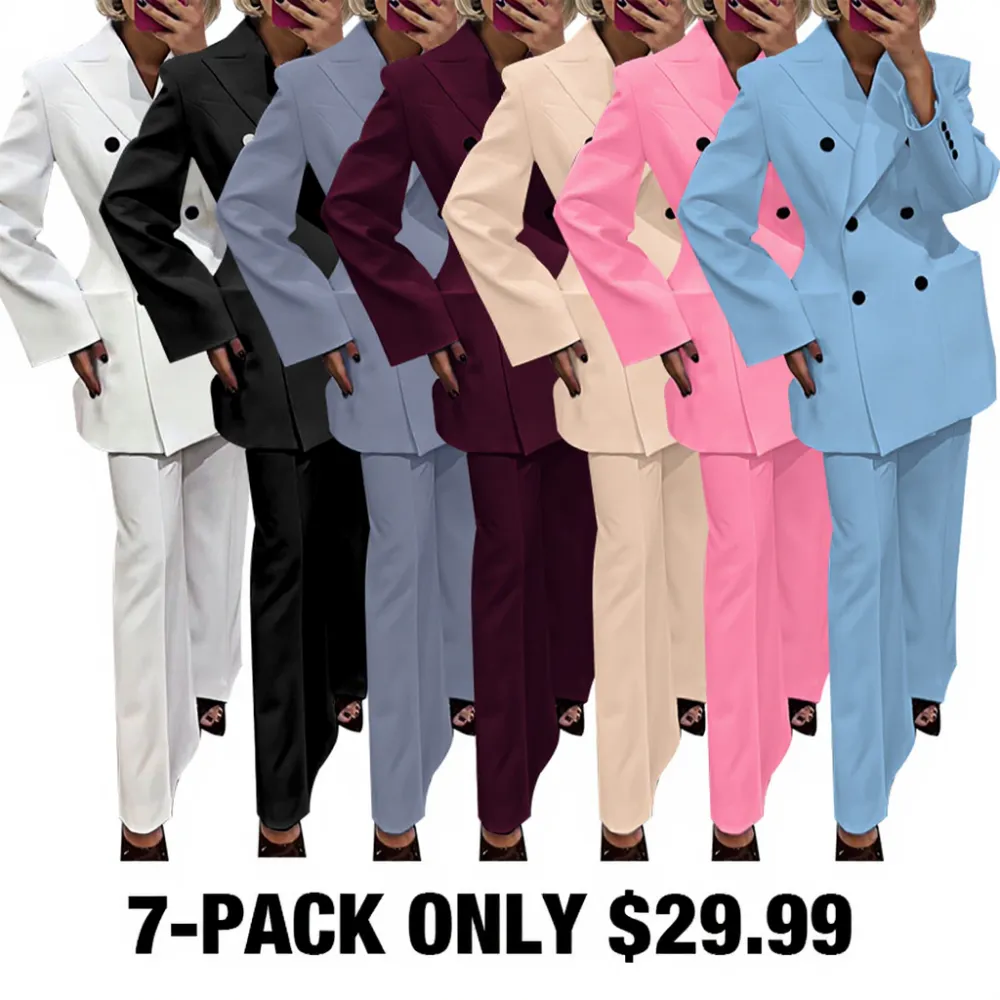 7PACK-Solid Color Collar Jacket and Pants Two Piece Set