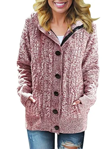 Women Hooded Knit Cardigans Button Cable Sweater Coat