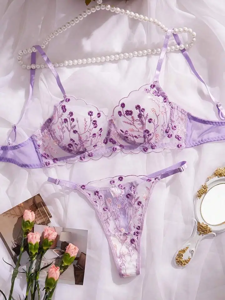 Delicate Floral Embroidered Sheer Lingerie Set