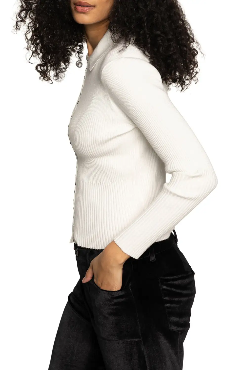 Ribbed Button Front Collared Fitted Cardigan