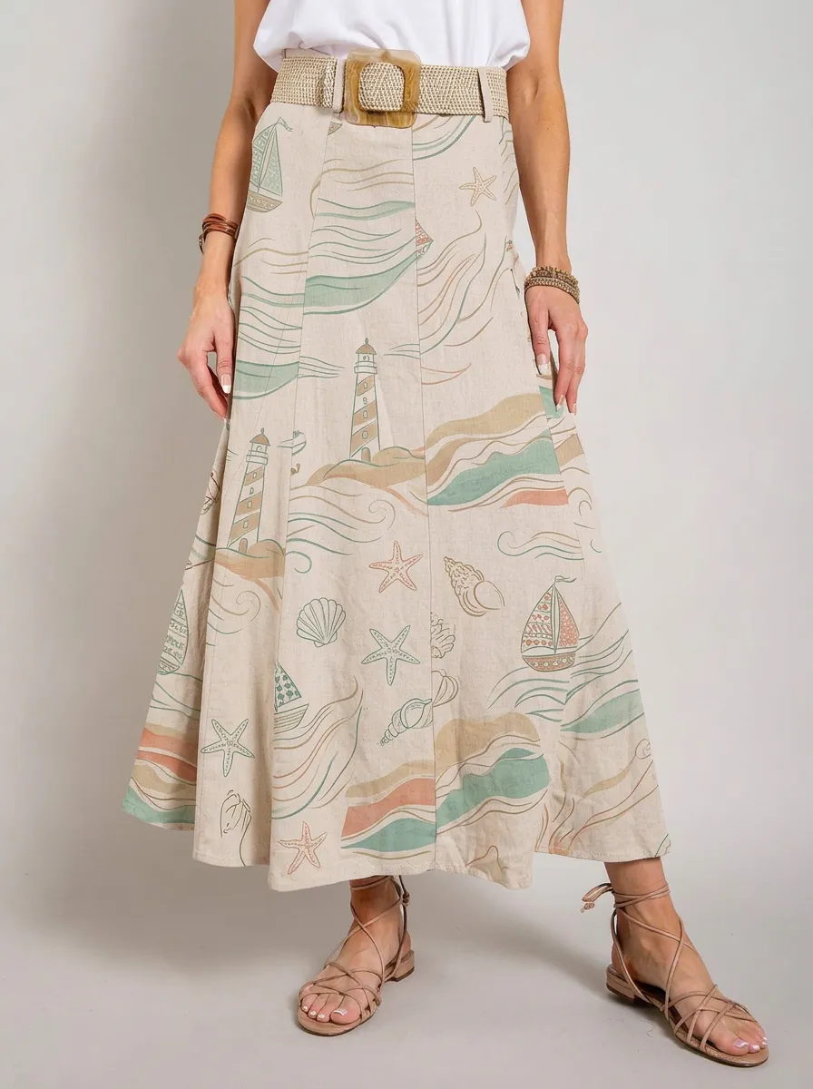Women's Marina Coastal Nautical Lighthouse Sailboat Printed Skirt