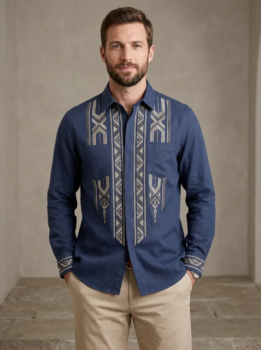 Men's Refined Geometric Folk Embroidered Shirt