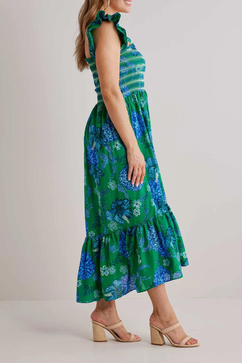 Green Ruffled Hem Flared Maxi Dress