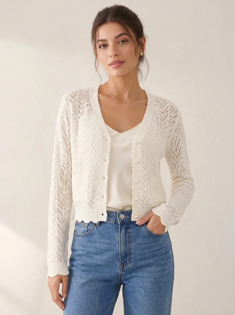 Women's Vintage Style Chevron Pointelle Knit Button Up Cardigan