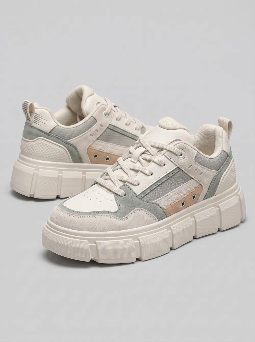 Men's Casual Beige Sage Green Colorblock Chunky Sole Sneakers