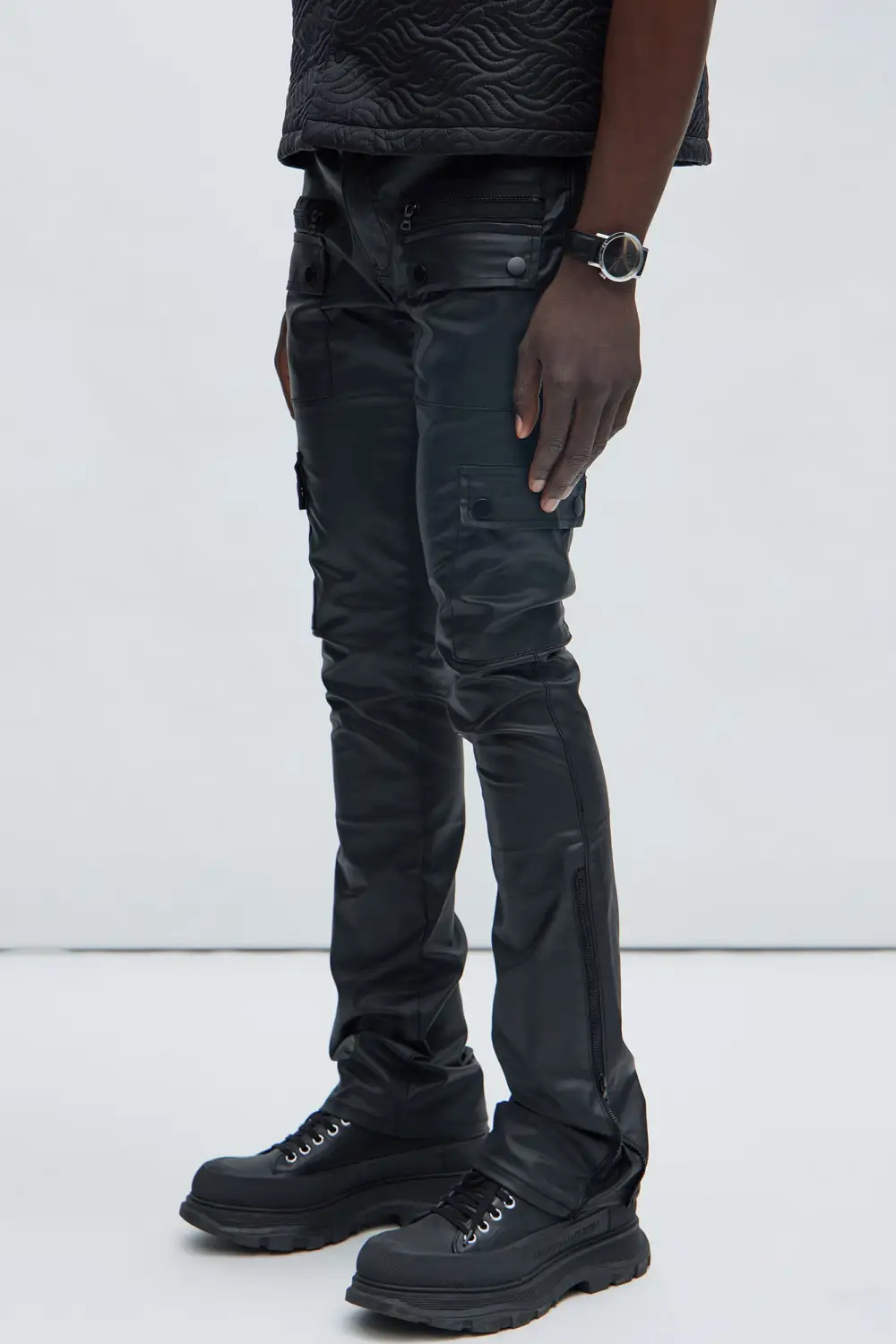 Waxed Cargo Zipper Flare Pants
