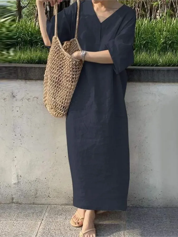 V-Neck Short Sleeve Linen Blend Maxi Dress