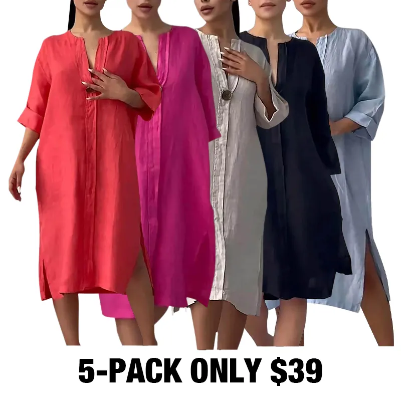 Women'S Solid Color Casual Cotton And Linen Dress-5-PACK