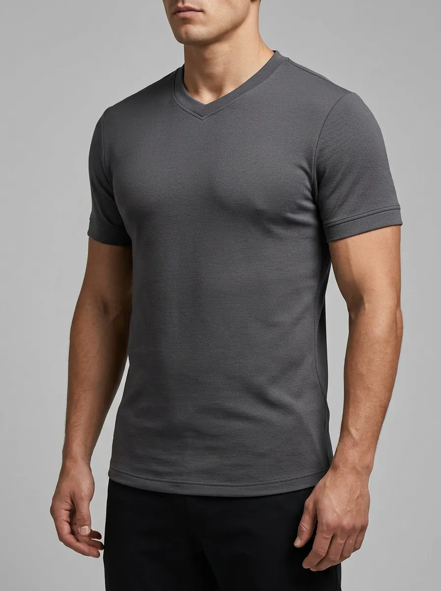 Streamlined Ribbed Textured V-Neck Profile Men's Slim Fit Short Sleeve T-Shirt
