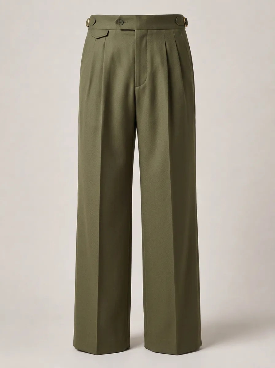 Men's Olive Green Pleated Side-Adjuster Formal Trousers
