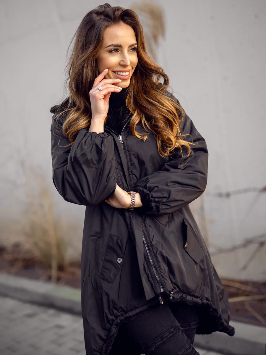 Black Women's Long Quilted Winter Jacket With Hood