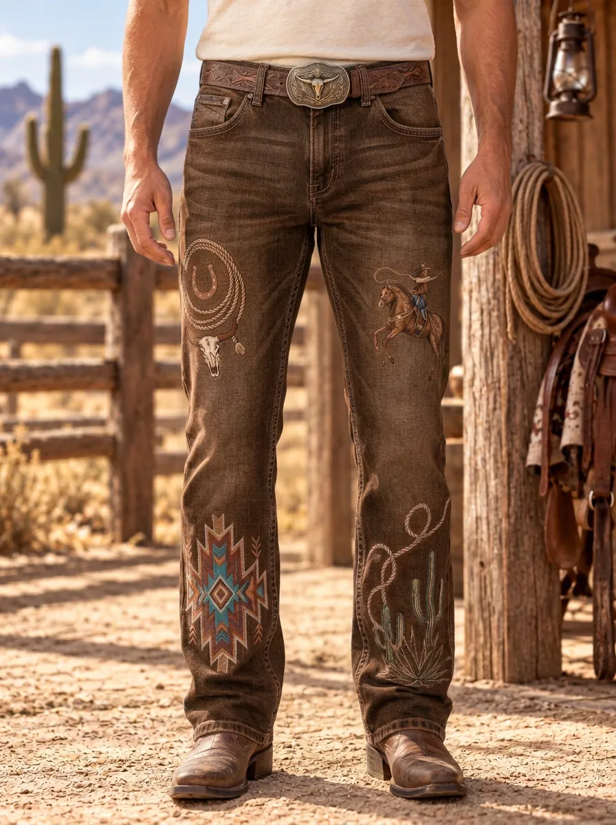 Men's Frontier Inspired Western Cowboy Rodeo Cactus Skull Jeans