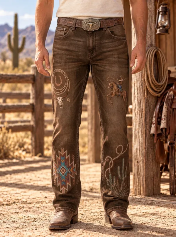 Men's Frontier Inspired Western Cowboy Rodeo Cactus Skull Jeans
