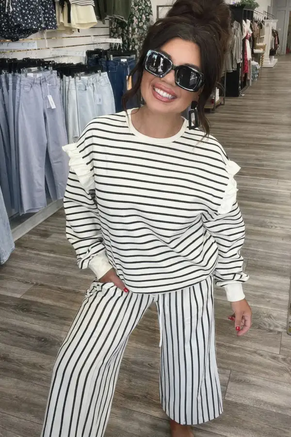 Stripe Drawstring Cozy Everyday Lounge Set Comfort
