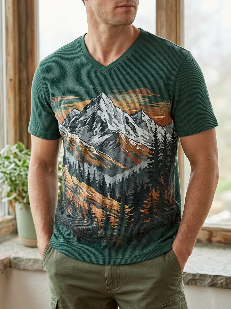 Men's Mountain Outdoor Nature Lover Mountain Forest V-Neck T-Shirt