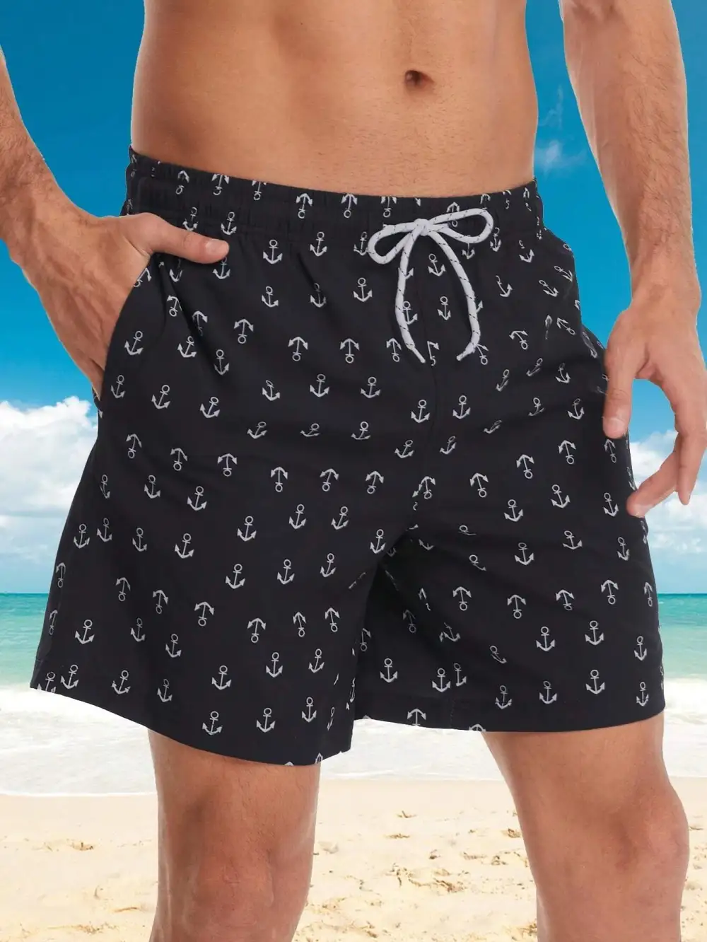 Men's Anchor Print Drawstring Swim Trunks