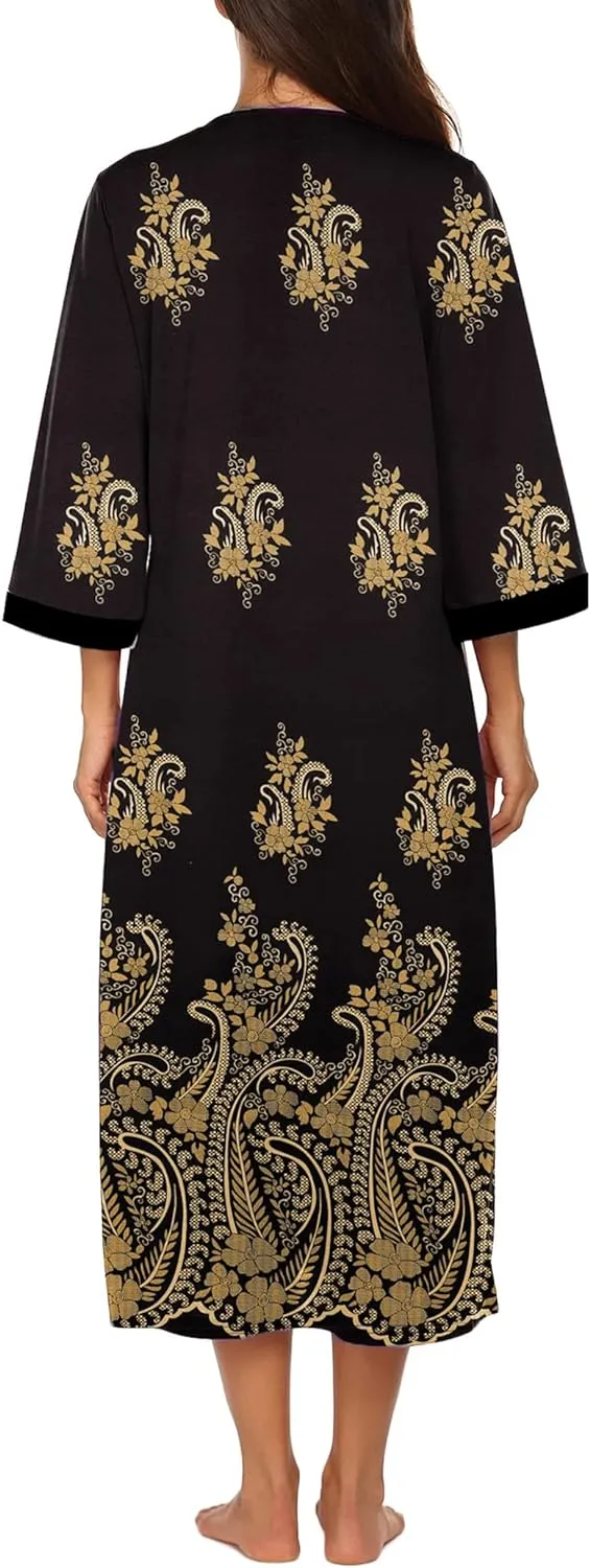 50% OFF Women Zipper Robe 3/4 Sleeves Loungewear Dress Full Length Sleepwear Pockets Housecoat Nightgown Long Bathrobe