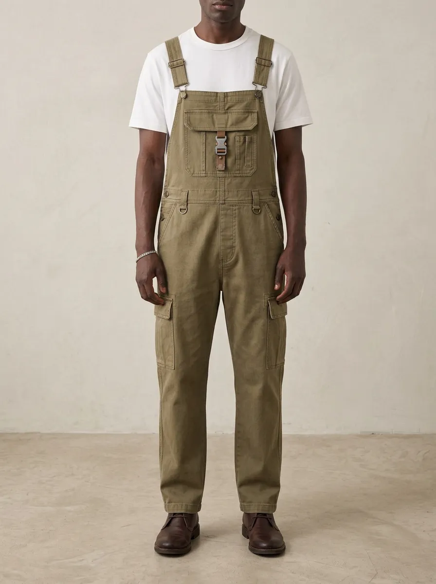 Men's Military Style Olive Cargo Bib Overalls