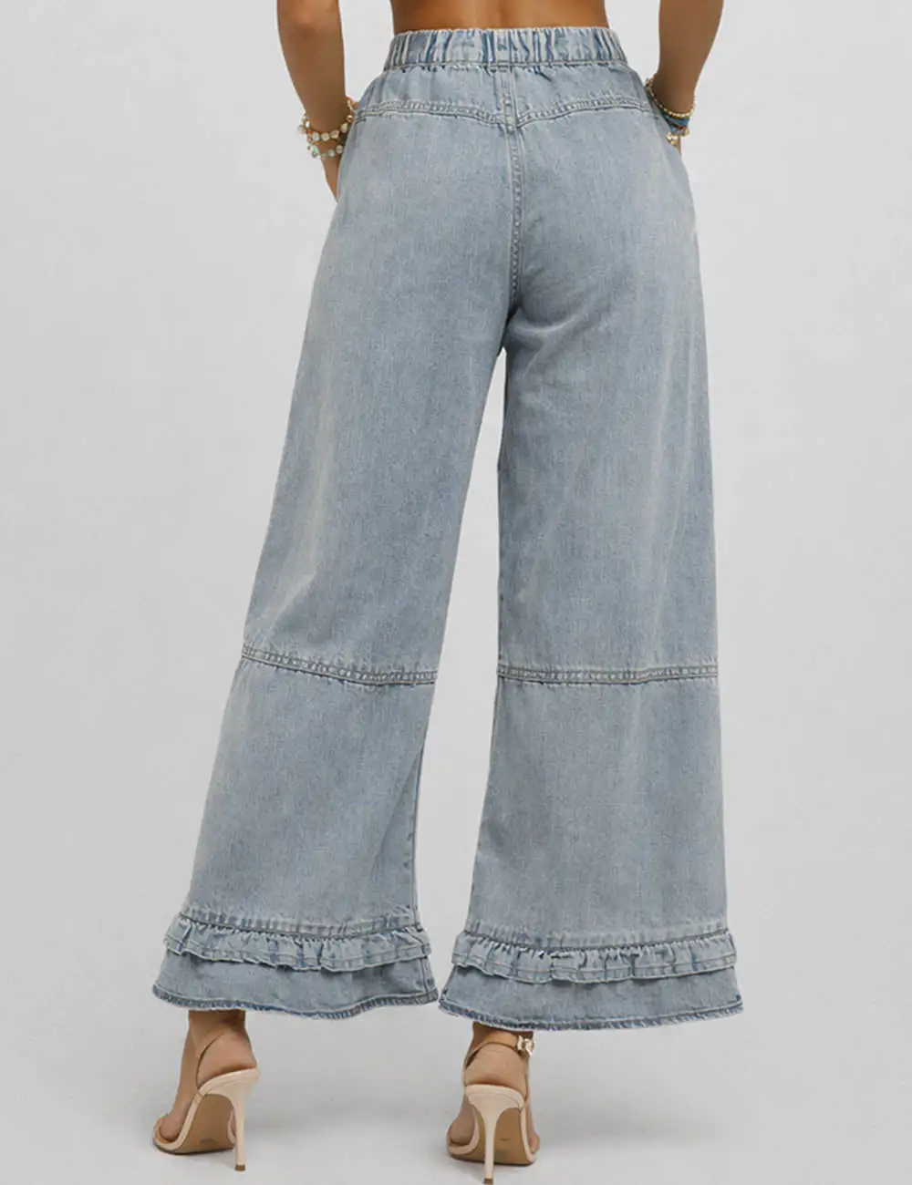 Ruffle Hem Jeans Elastic Waist Wide Leg Denim Pants
