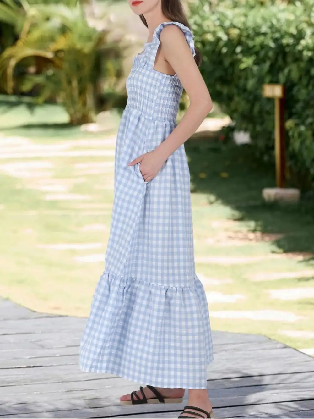Plaid Ruffle Sleeveless Midi Dress