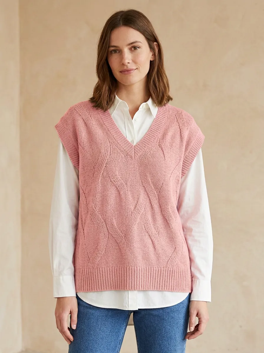 Vneck Cable Sleeveless Sweater Vest