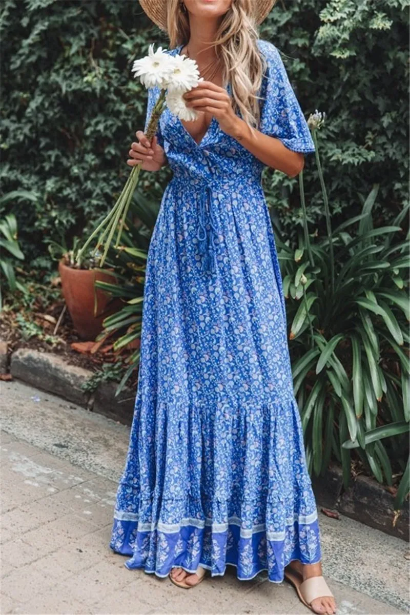 V-Neck Short Sleeve Boho Maxi Dress