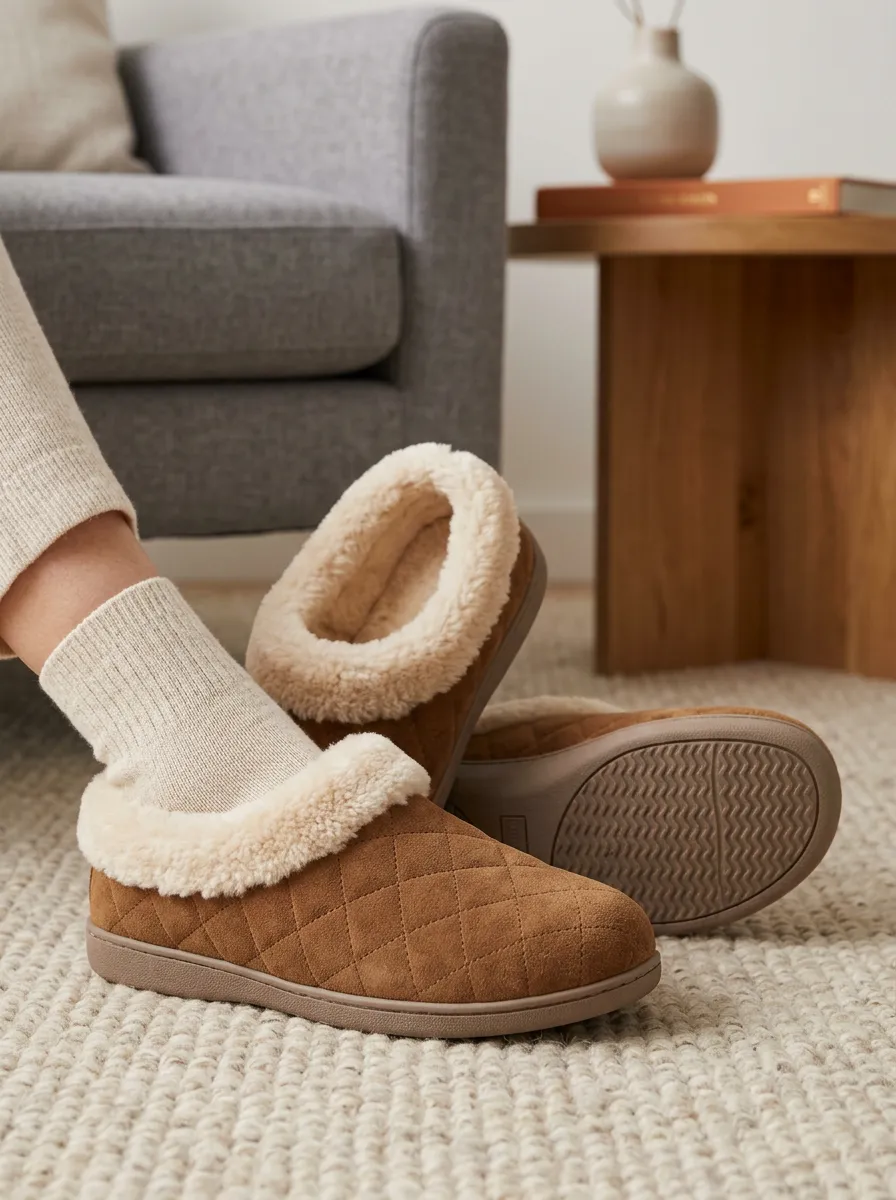 Women's Cozy Home Quilted Brown Faux Fur Lined Wool Slippers