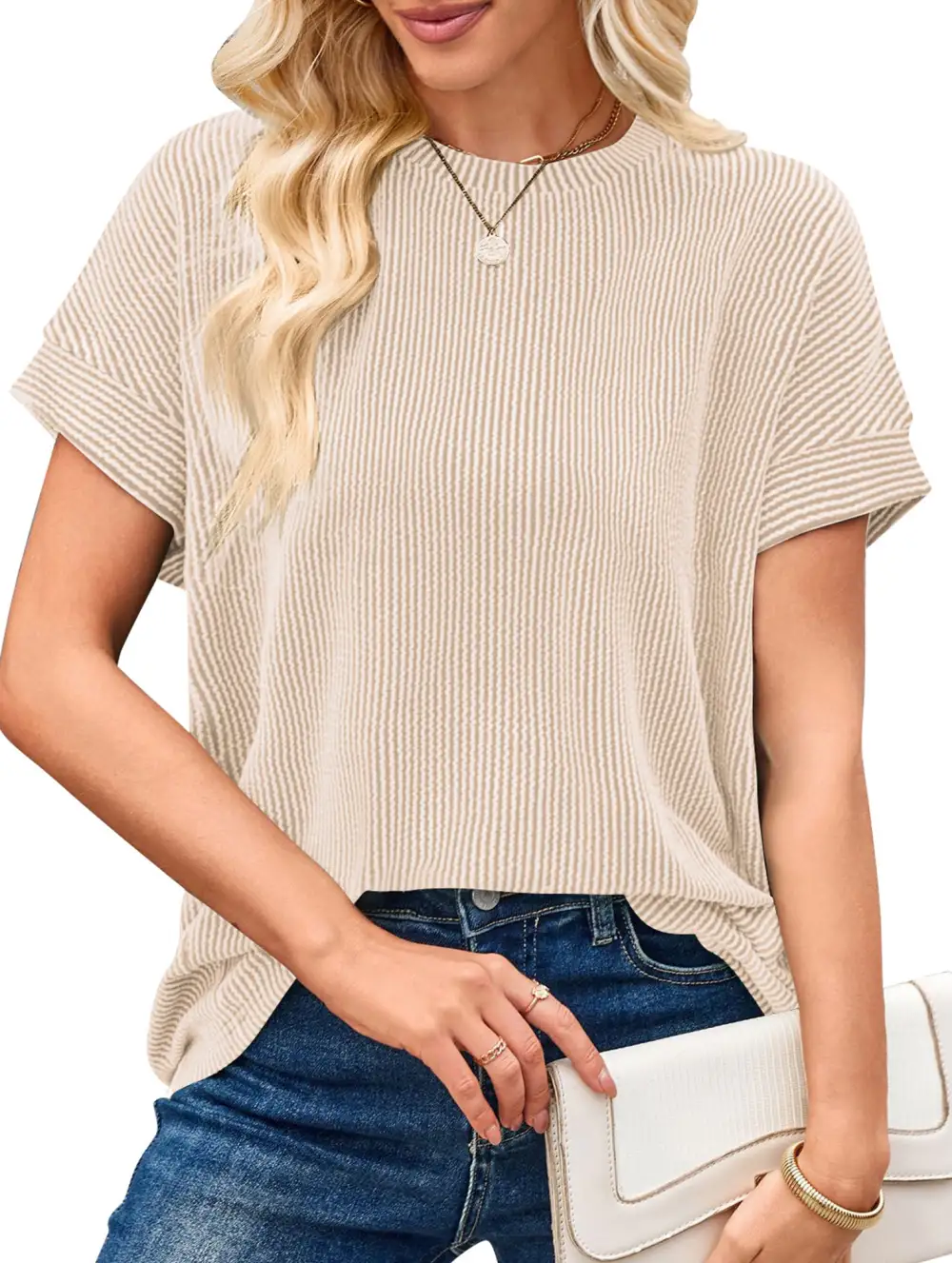 Ribbed Knit Crew Neck Tee