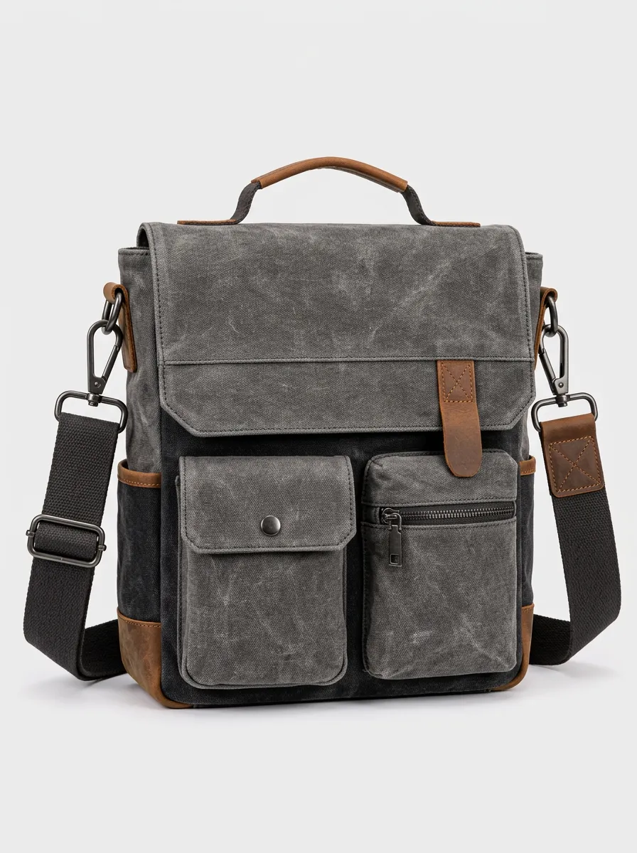 Men's Understated Waxed Canvas Crossbody Bag with Leather Trim