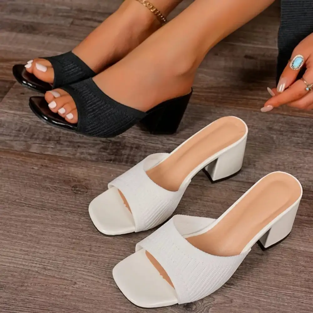 Textured Open Toe Block Heel Sandals