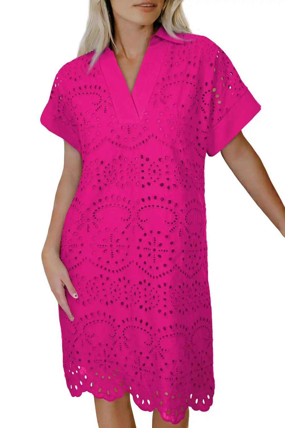 Solid Color Eyelet Embroidered T Shirt Mini Dress