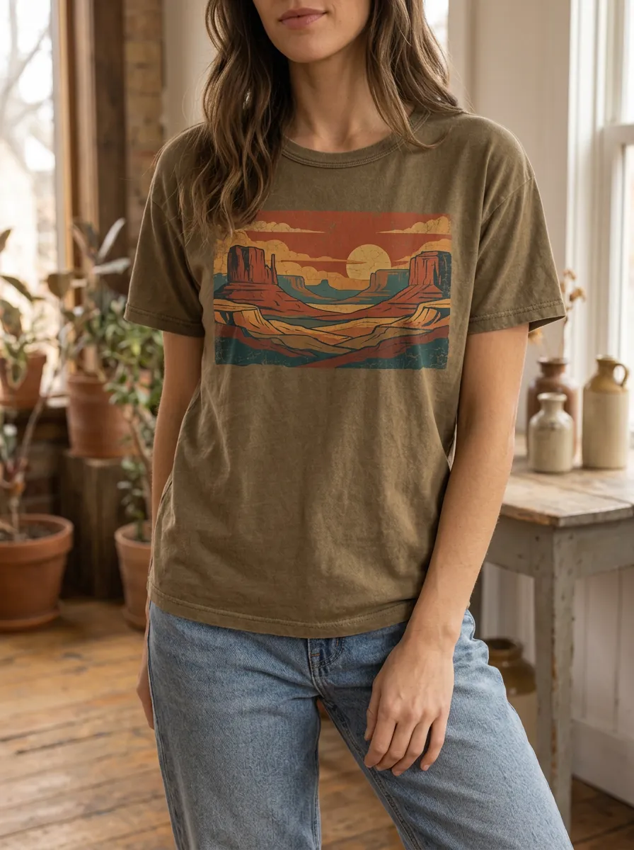 Women's Retro Desert Landscape Printed T-shirt