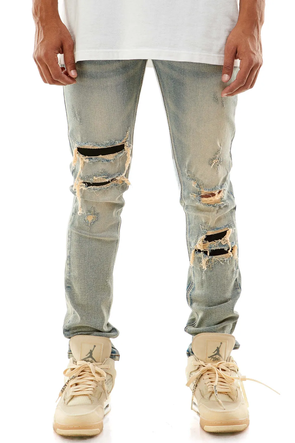 Men's Relaxed Skinny Distressed Patchwork Jeans