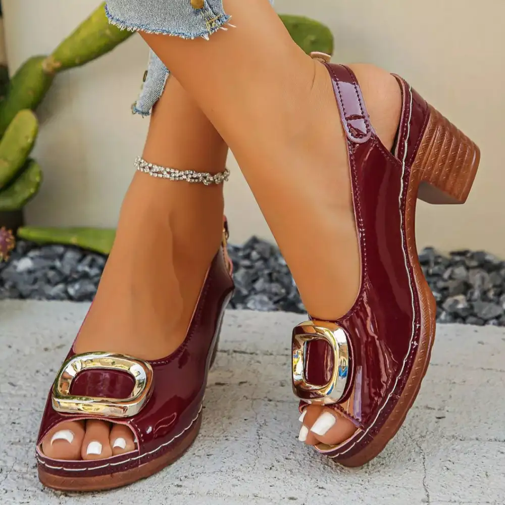 Textured Peep Toe Block Heels Sandals
