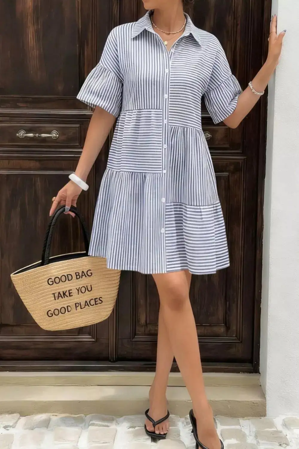 Striped Button Front Ruffle Mini Dress