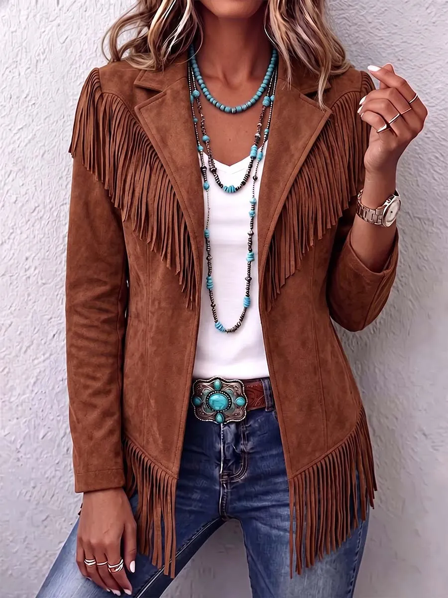 Refined Women S Solid Color Lapel Long-sleeved Casual Loose Tassel Jacket