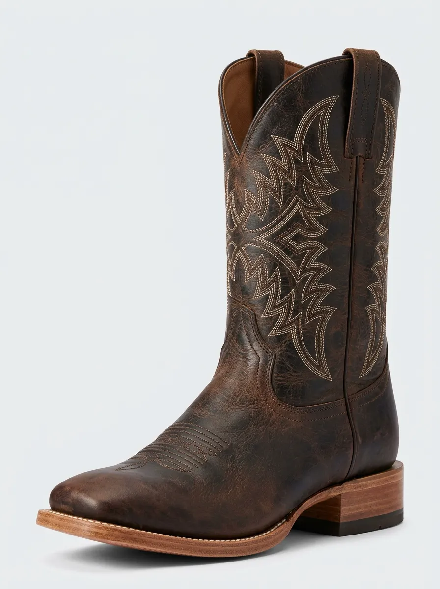 Men's Western Tonal-Embroidery Square-Toe Mid-Calf Pull-Tab Visible-Welt Cowboy Boots